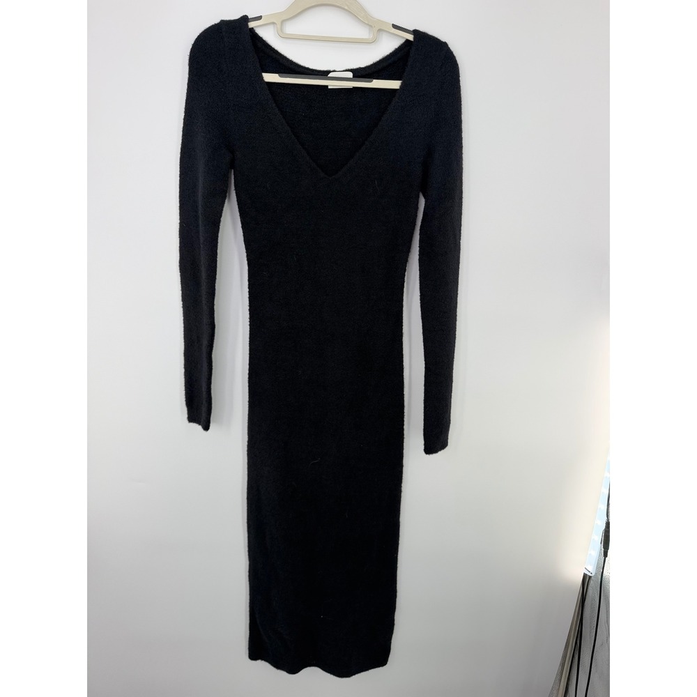 Wilfred Free Aritzia Black Knit V-Neck Long Sleeve Fuzzy Midi Bodycon Dress S